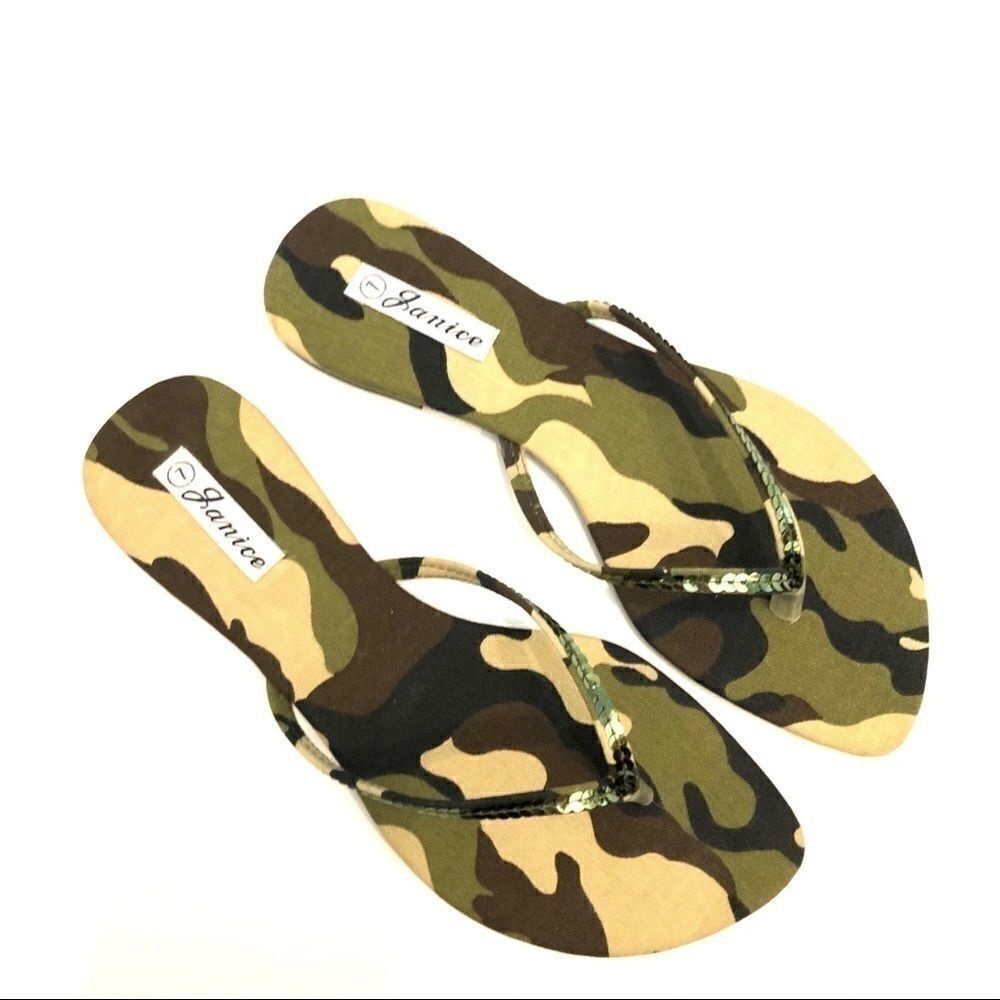 Camouflage camo green olive sequin sandals thongs NEW NIB flip flops 6.5